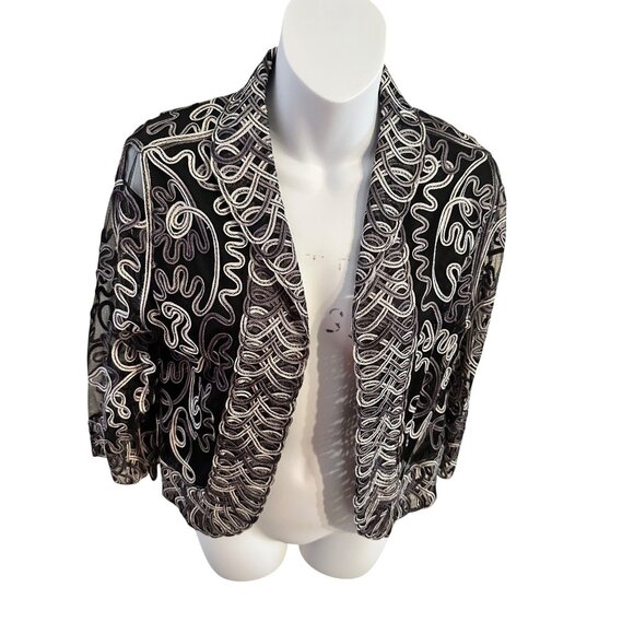 Womens Medium Black Silver Sheer Embroidered Open Front Jacket Shrug Wedding - Picture 5 of 7